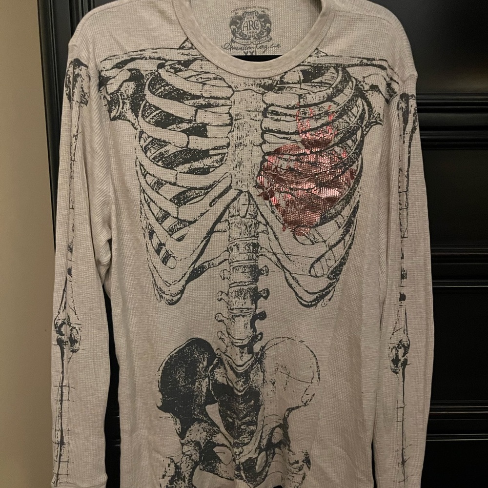 American Rag Skeleton Print Long Sleeve Tee - Gray and Red